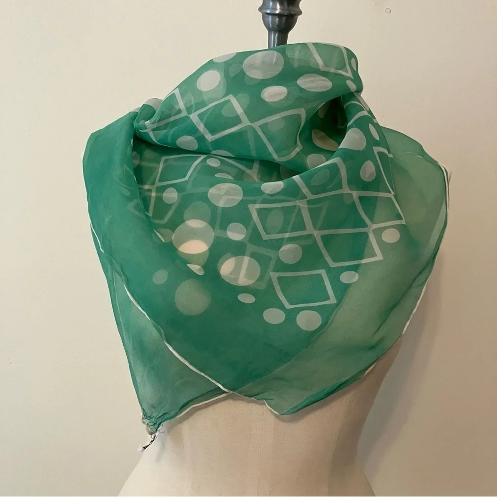 VTG Burmel Chiffon Square Scarf Dot Square Soft Mint Green And White 27in - Picture 1 of 5